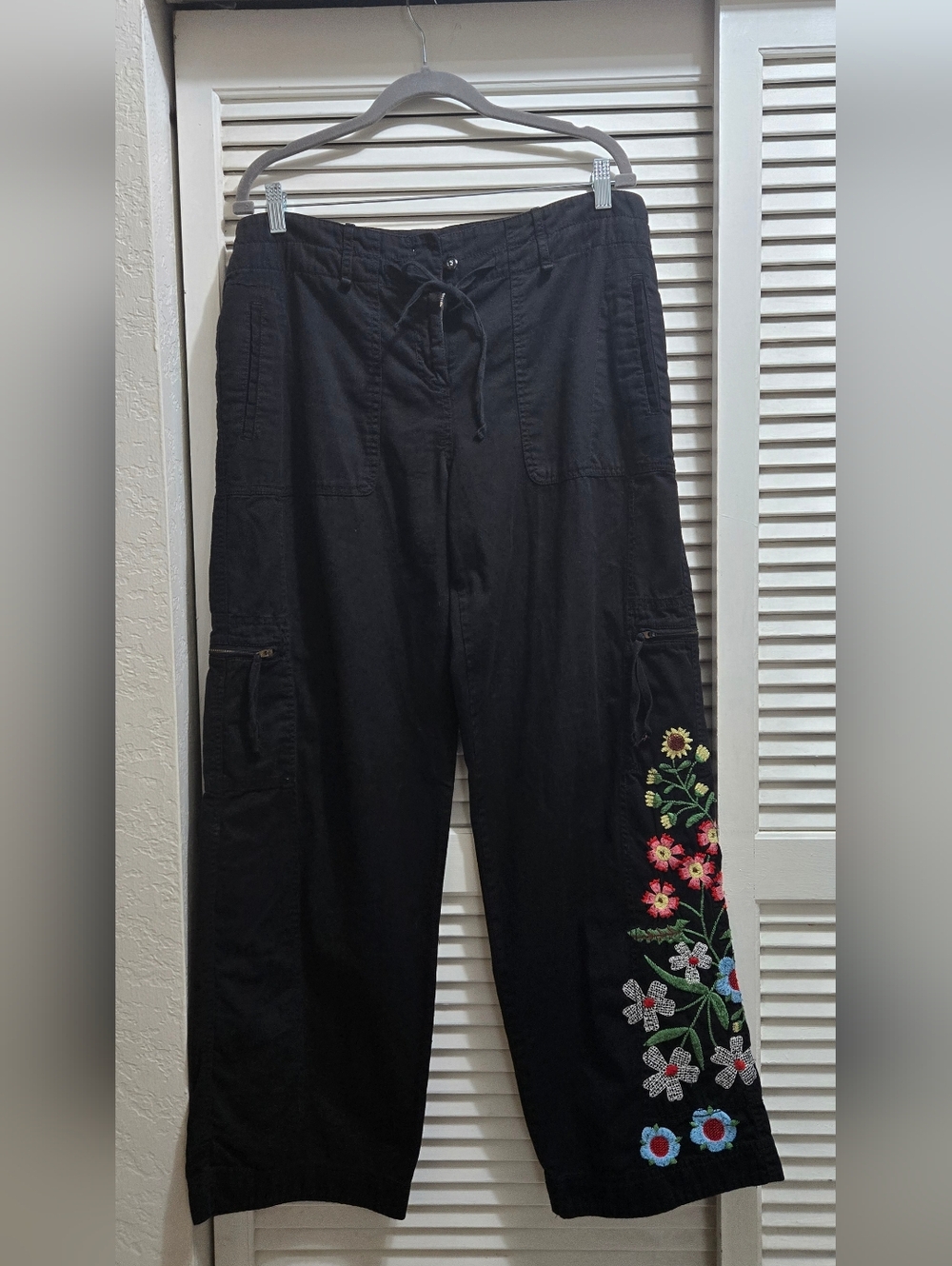 Johnny Was Hinga Wide Leg Embroidered Cargo Pants Black Boho Floral Size L